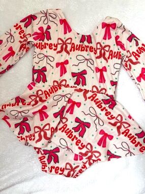 Custom name Aubrey Bow-Print Long Sleeve Skirted Leotard
